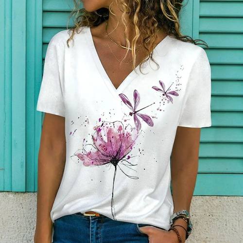 Summer Women Short Sleeve V-neck Oversized T Shirt for Women