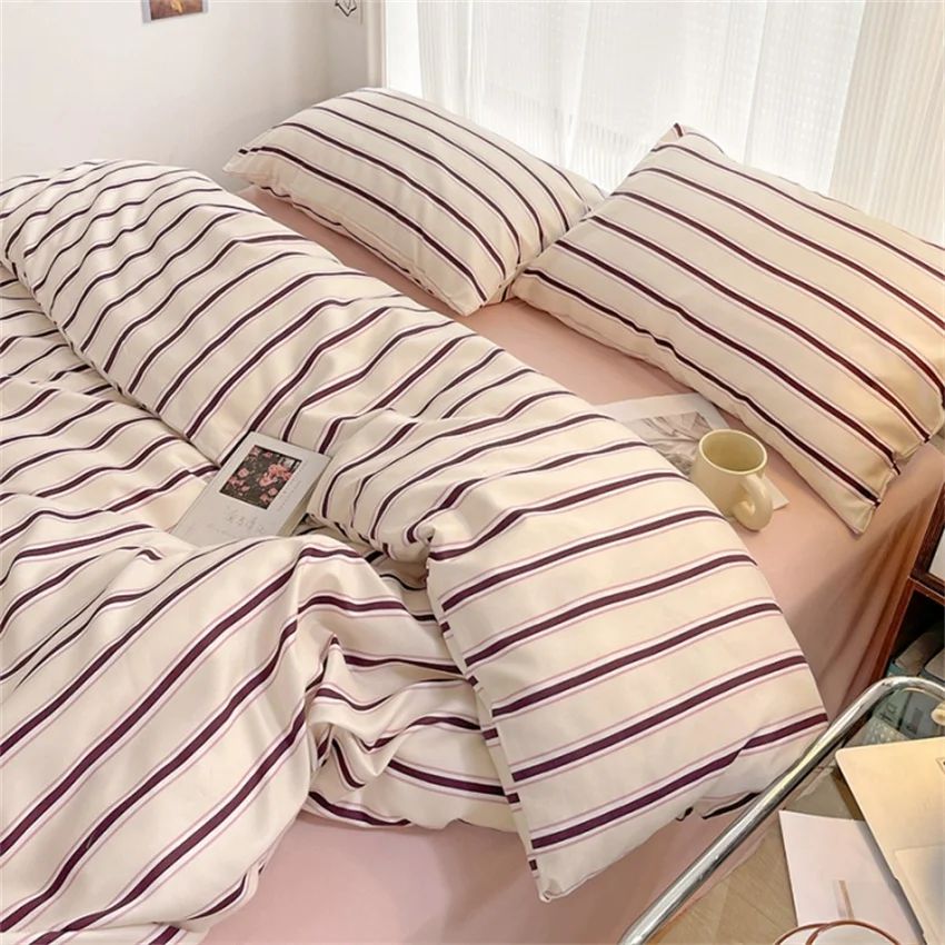 Pure Cotton Home Textile Blue Striped Bedding Set Simple Sof