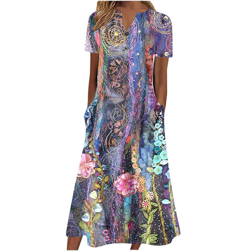 2025 Women's V-neck Button Short Sleeve Loose Large Swing Pr