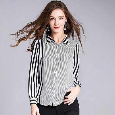 100% Silk Blouse Women Shirt Patchwork Design Striped Turn-d
