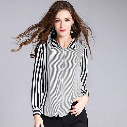 100% Silk Blouse Women Shirt Patchwork Design Striped Turn-d