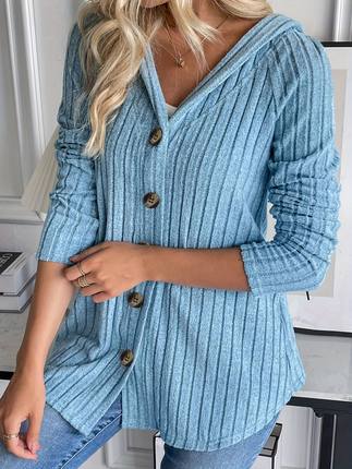 Solid Button Front Rib Knit Hoodie,Casual Long Sleeve Slim S
