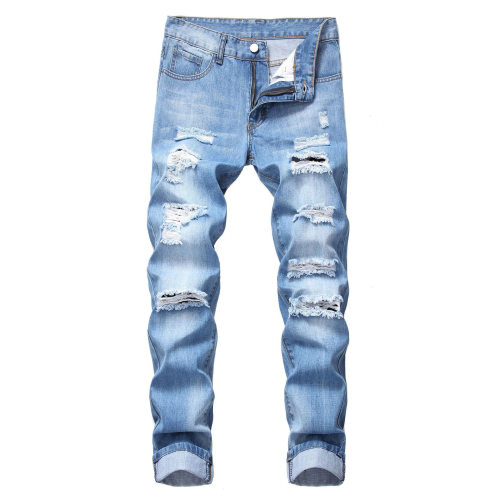 Men's Ripped Straight Slim-fit Non-elastic Jeans Ripped Men'