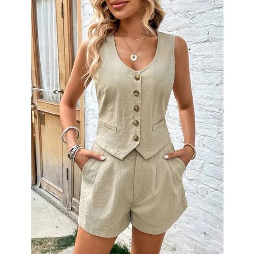 Cotton Shorts Sets for Women 2 Pieces Sexy Sleeveless Single