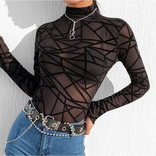 Black Color Bodysuit Femal Mesh Sexy Print Women Geometric