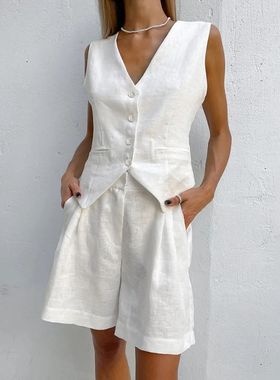 Summer White Linen Two Piece Set Women 2024 Fashion Sleevele