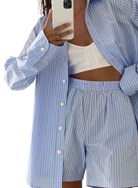 Women 2 Pieces Suit Set, Female Striped/ Plaid Turn-Down Col