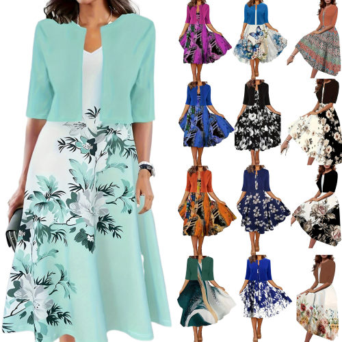 2025 Women's Long Dress Two-piece Floral Print Crewneck Dres