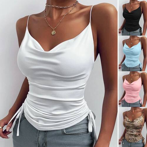 Women Tank Top V Neck Camisole Cami Drawstring Spaghetti Str