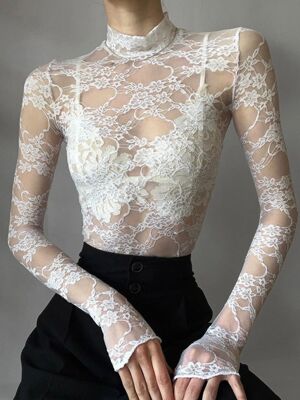 Women Lace Floral Slim T-Shirt White Long Sleeve Mock Neck C