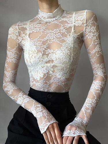 Women Lace Floral Slim T-Shirt White Long Sleeve Mock Neck C