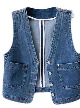 Spring Autumn Women's Short Denim Vest Jacket Single Breaste