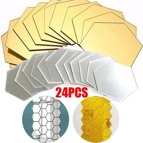 24pcs 3D Mirror Wall Sticker Hexagon Acrylic Self Adhesive M