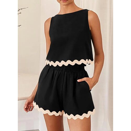 Fashion Set Women Summer Solid O Neck Tank ops High Waist Sh