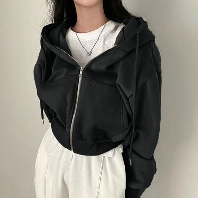 2024 Autumn Retro Solid Color Zip Up Oversized Hooded Sweats