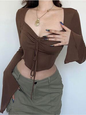 Women Spring Summer Vintage Flare Sleeve Drawstring Sexy T S