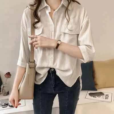 Tunic Shirt Women Half Sleeve Blouse Lapel ops Striped Casua