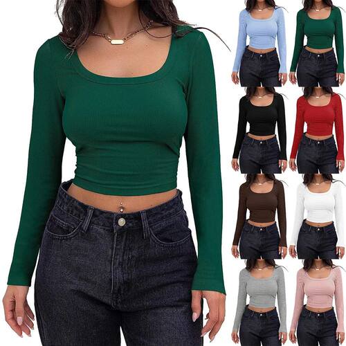Women's Long Sleeve Square Neck Crop Top Ribbed Slim Fitted