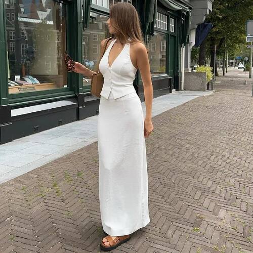 Women 2 Piece Summer Outfits Solid Color Button Halter ops a