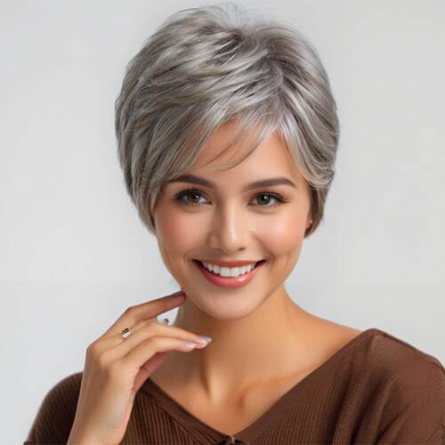 Female With Oblique B, Granny Gray Short Straight Hair, Chem
