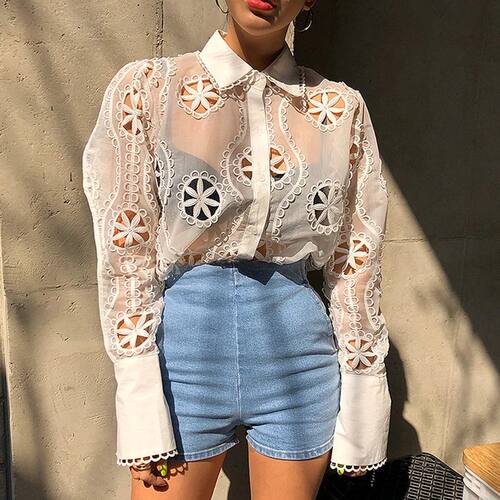 Runway Design White Blouse Spring Women Lace Embroidery Holl
