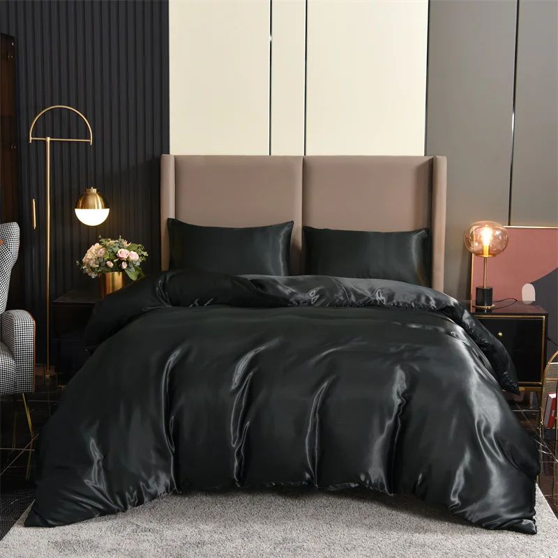 3pcs Satin Duvet ver Set Bedding Sets Queen Black  Series Lu