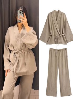 Cotton Linen Lace Up Shirts Long Pants Sets Women Notched Co