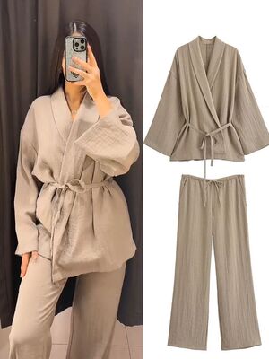 Cotton Linen Lace Up Shirts Long Pants Sets Women Notched Co