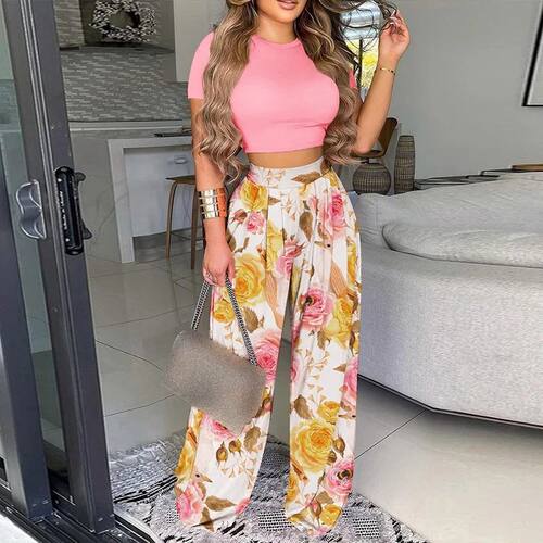 Summer Women Two Piece Sets Elegant Print Office Lady Outfit