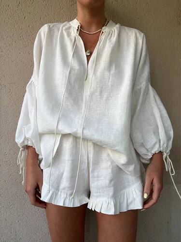Casual V-neck Drawstring Long Sleeved Top Sets Women Fashion