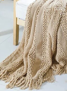 Khaki Knitted Throw Blankets ver with Tassels Chunky Vintage