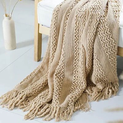 Khaki Knitted Throw Blankets ver with Tassels Chunky Vintage