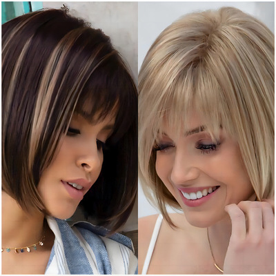 Women's Short Straight Hair Blonde Bobo Head With Oblique B