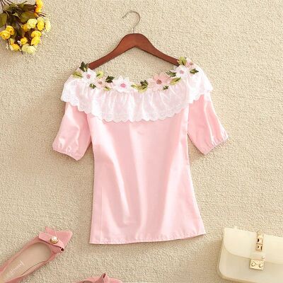 2024 Women Summer Blouse Sweet Slash Neck Floral Embroidery