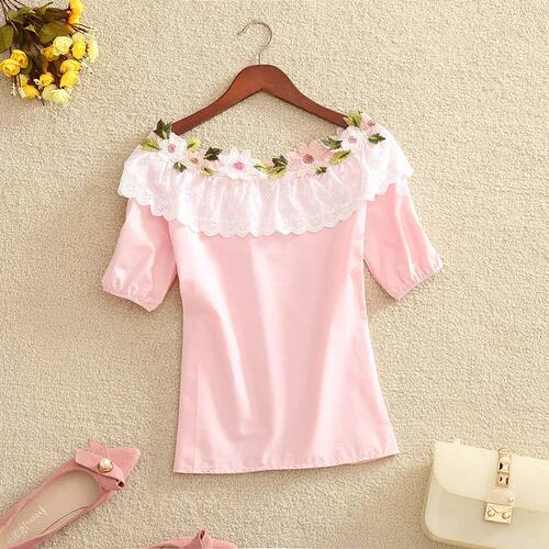 2024 Women Summer Blouse Sweet Slash Neck Floral Embroidery