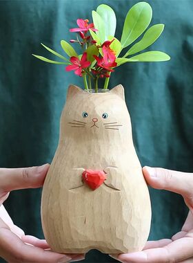 Creative Love Cat Vase Handmade Wooden Statue Flower Arrange