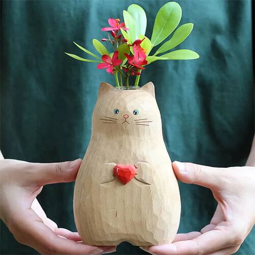 Creative Love Cat Vase Handmade Wooden Statue Flower Arrange