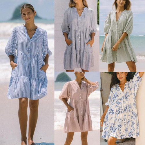 2025 Hot Sale V-neck Printed Button Lantern Sleeve Mid Sleev