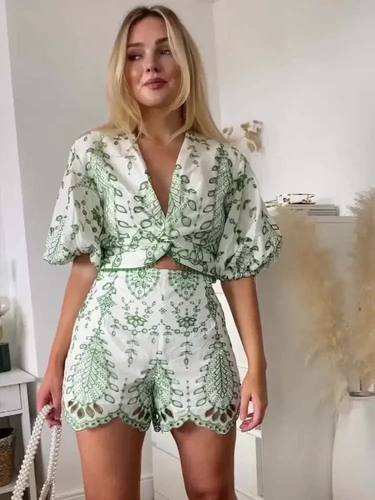 Summer New Fashion Embroidered Blouses Ladies Shorts 2 Suit