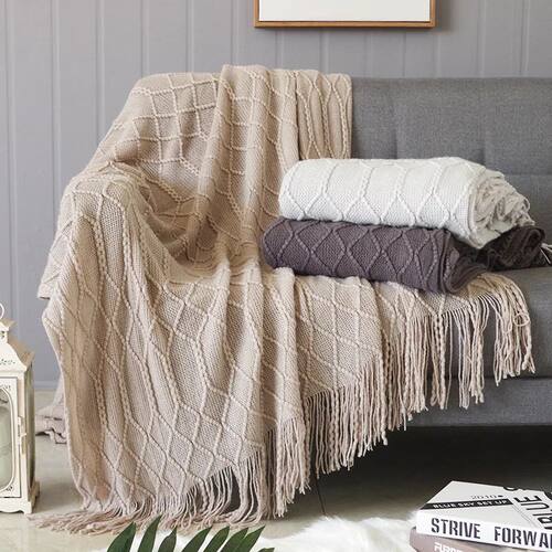 Nordic Knitted Throw Blankets with Tassels Khaki Cream Grey