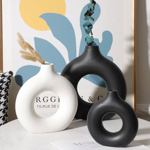 Nordic Vase Circular Hollow Ceramic Donuts Flower Pot Home L