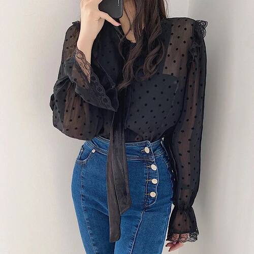Spring and autumn shirt polka dot mesh velvet lace sweet lac