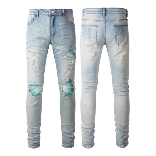 Rendamiri High Sreet Light Blue Ripped Jeans Men's Patch Sli