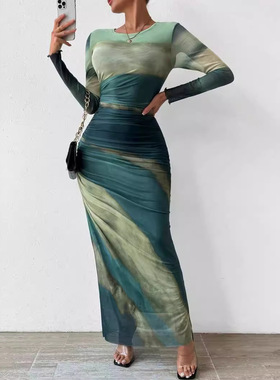 In Stock 2025 Fashion Mesh Printed Pleated Sexy Tight Crewne