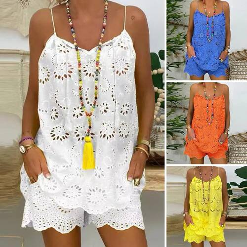 Chic Casual Outfit Sleeveless Top Shorts Set Embroidery Flow