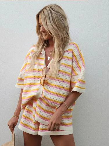 Women Elegant Stripe Printed Shirt Shorts Suit Chic Lapel Ha