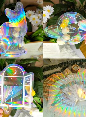 3D Rainbow Sun Catcher Wall Stickers Cat Bear Wolf Spaceship