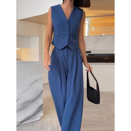 Blue Wide Leg Trousers Office Suit for Women 2024 Spring V-n