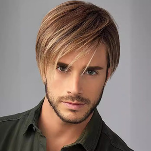 Brown Short Direct Oblique Golden Hair Straight Men