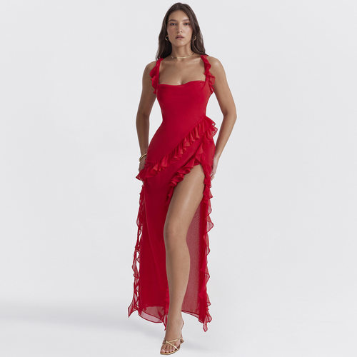 2025 Fashion Sexy Wood Ear Spliced ​​temperature Slit Dress